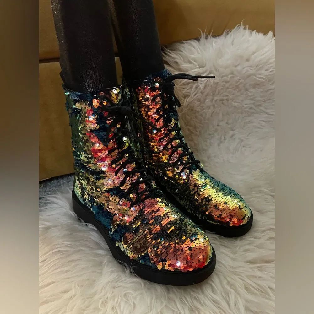 Combat Boots With Reversible Sequin 39